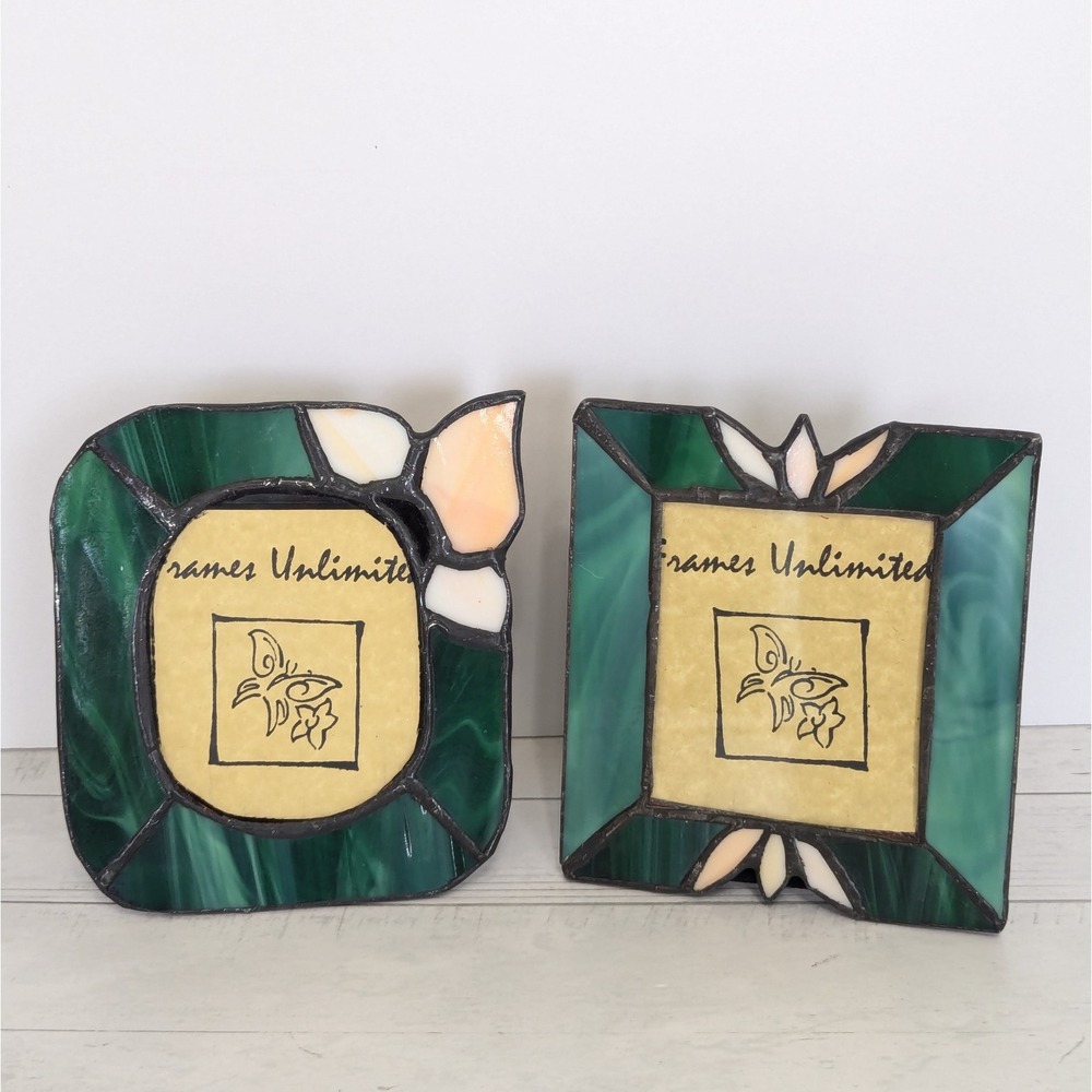 Vtg Stained Glass Floral Picture Frame Green w/Petals Easel Back SET 3x3" Photo
